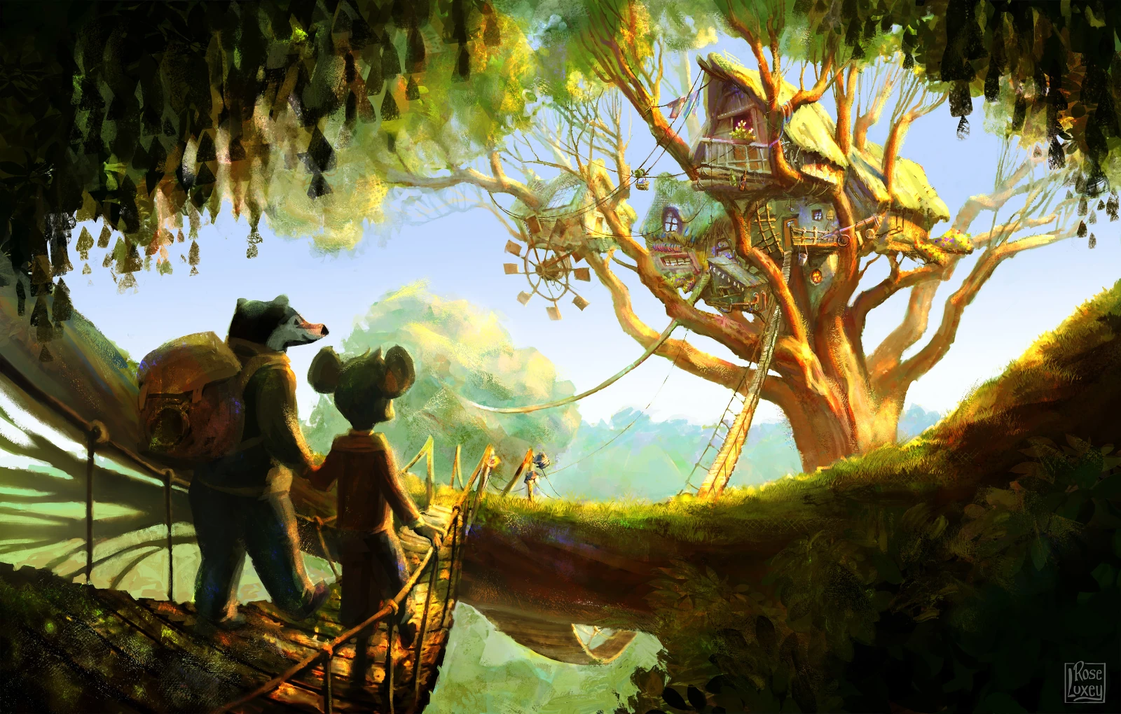 Deux personnages qui regardent et s'avancent vers une maison cabane perchée dans un arbre, illustrant notre envie d'un internet plus éthique.